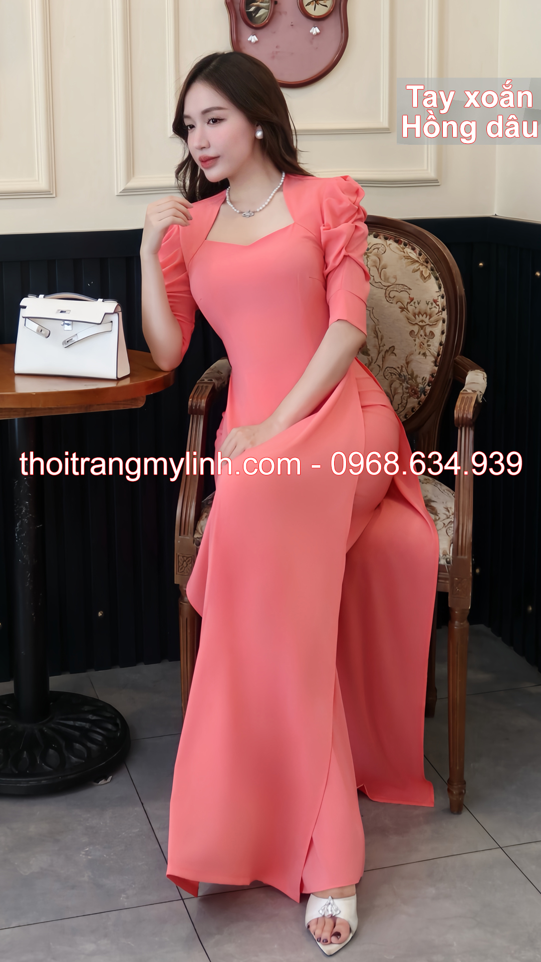 Bộ áo dài cổ nữ hoàng tay xoắn hồng dâu